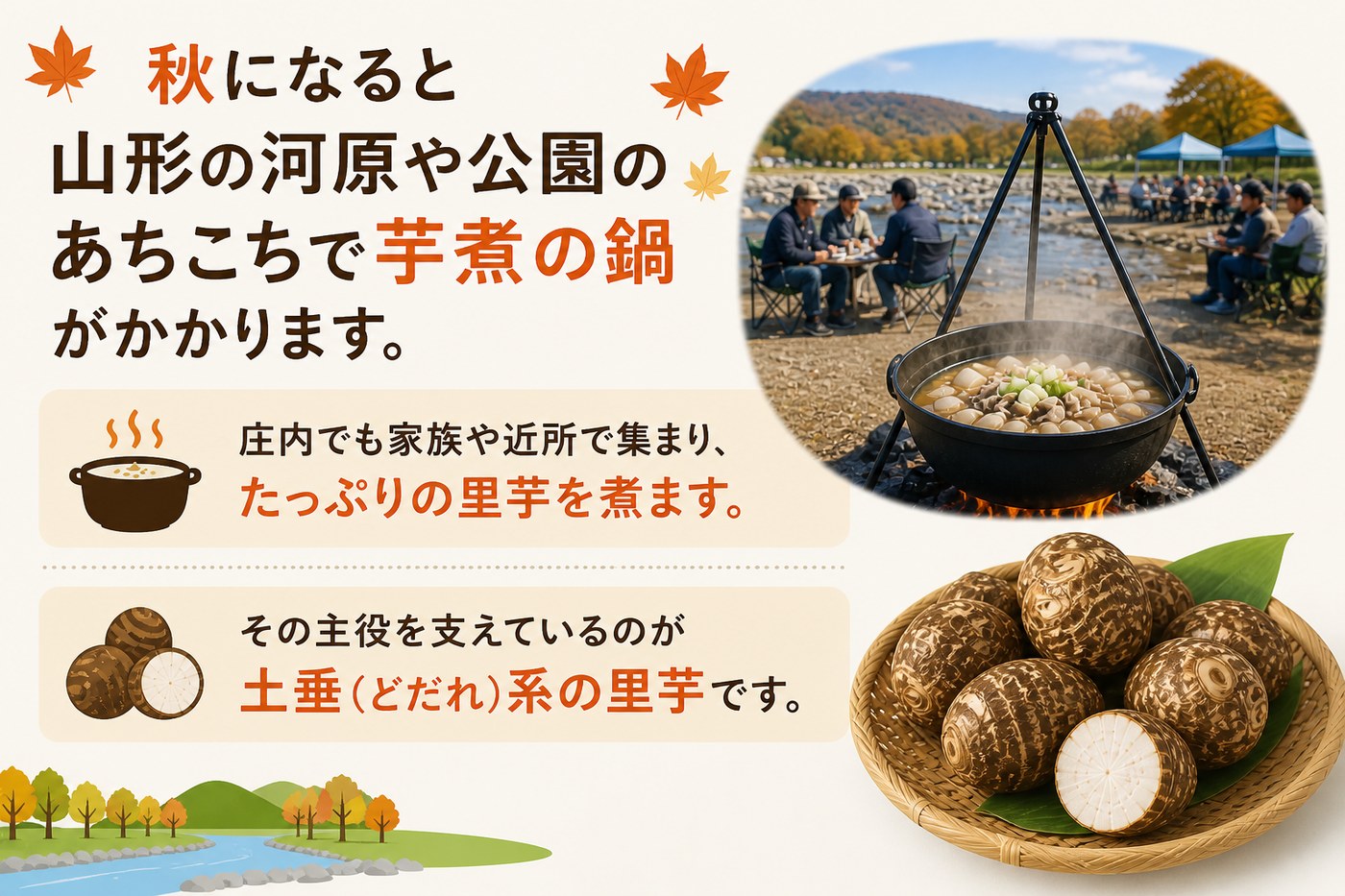 秋になると山形の河原や公園のあちこちで芋煮の鍋がかかる｜山形の秋の芋煮文化と土垂系の里芋を紹介するインフォグラフィック