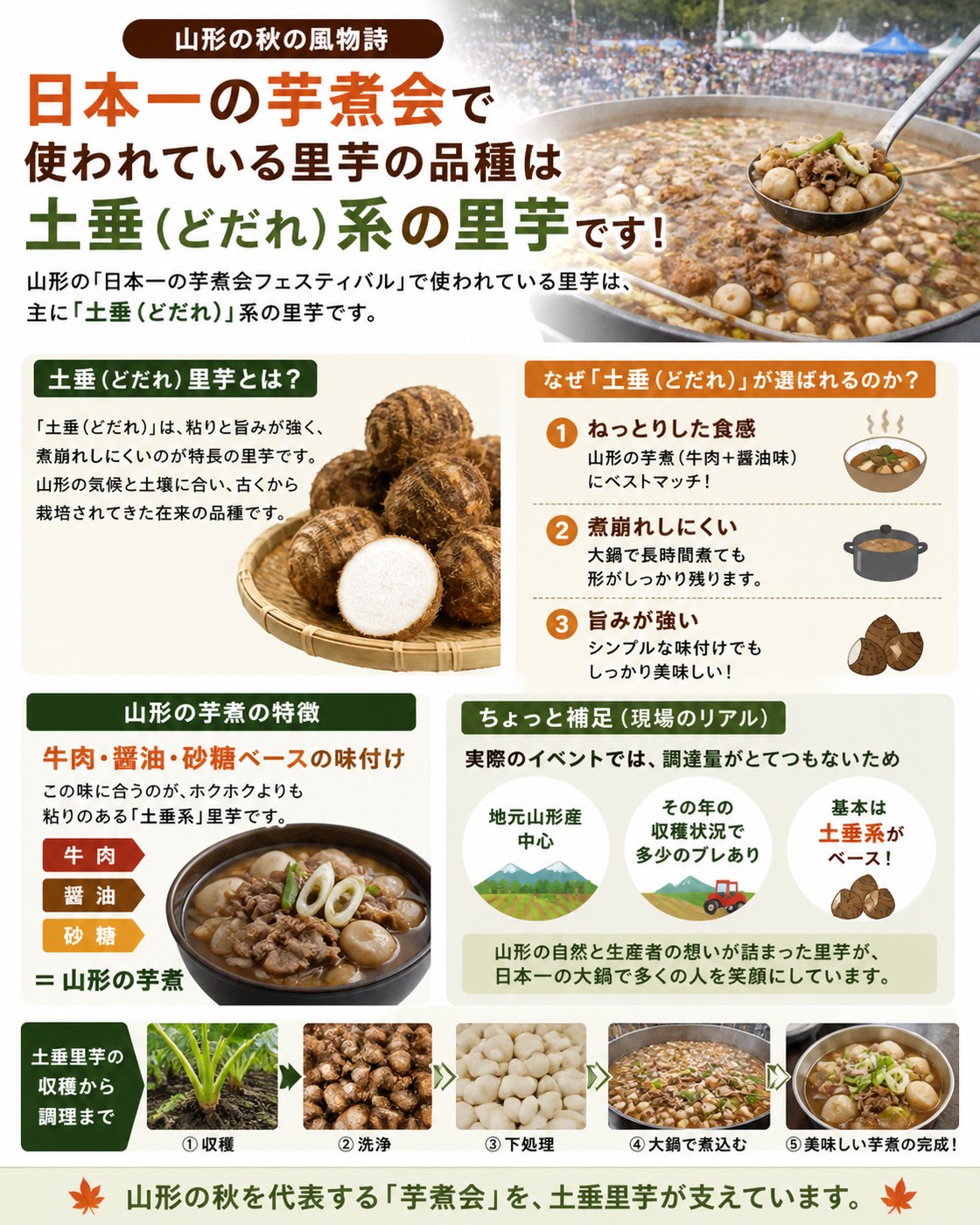 日本一の芋煮会で使われる里芋の品種は土垂系｜土垂の特徴と山形の芋煮の関係を示すインフォグラフィック