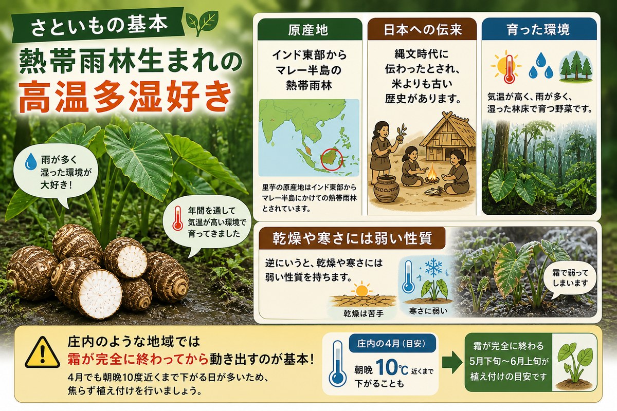 さといもは熱帯雨林生まれの高温多湿好き｜原産地・日本への伝来・庄内での植え付け時期の判断基準を示すインフォグラフィック