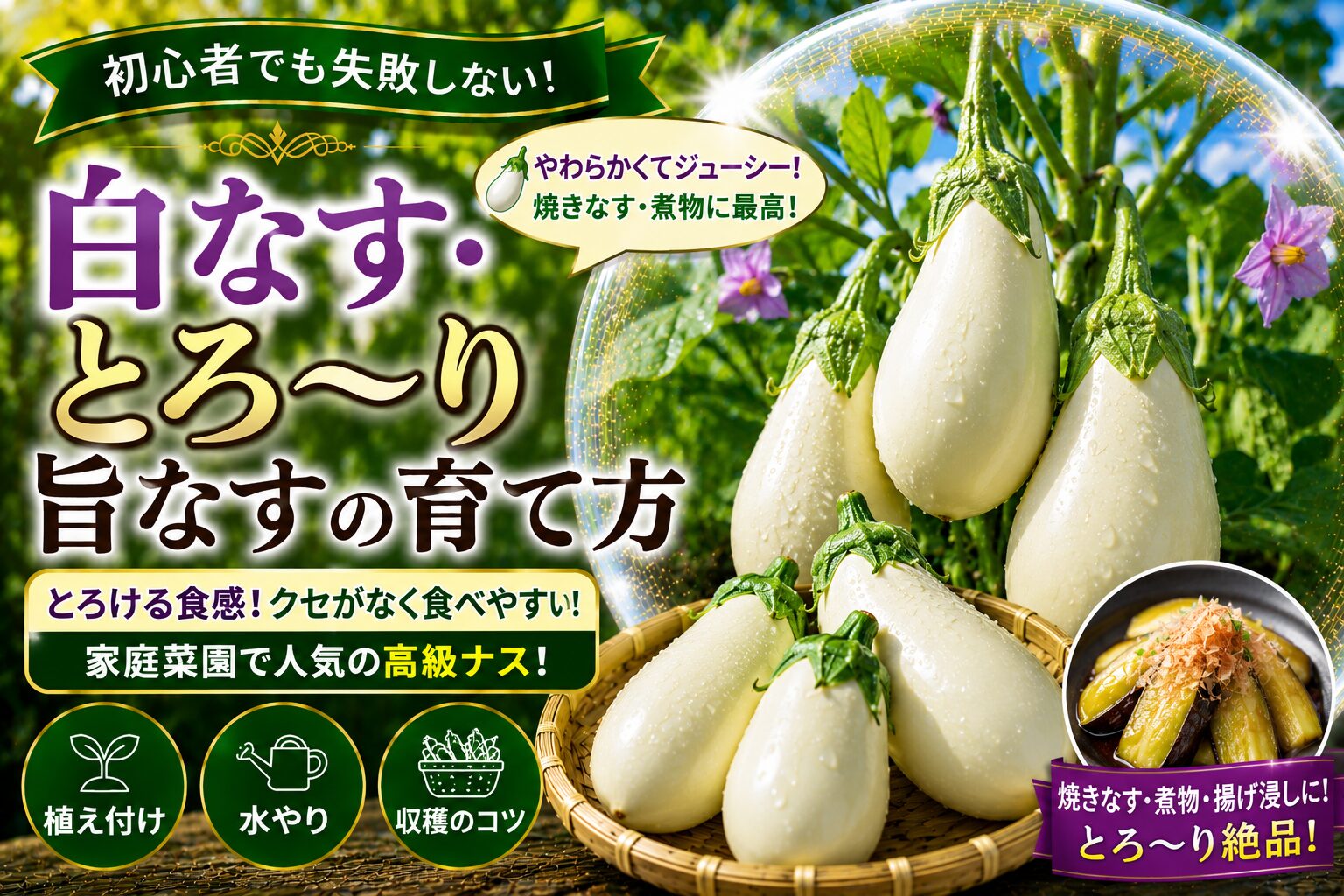 緑の畑を背景にした白皮の白なす盛り。「白なす・とろ〜り旨なすの育て方」のタイトルと、植え付け・水やり・収穫のコツのアイコン