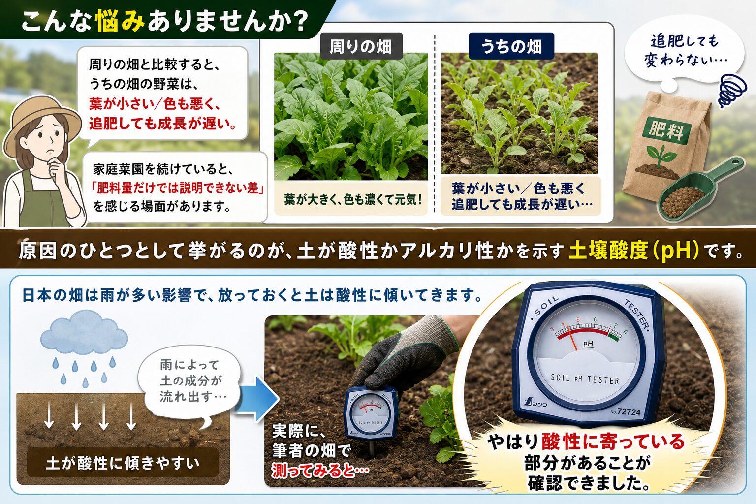周りの畑とうちの畑の比較（葉が小さい・色も悪く追肥しても成長が遅い）と、雨で土の成分が流れ出して酸性に傾くイメージ図、簡易土壌酸度計で測定した結果のイラスト