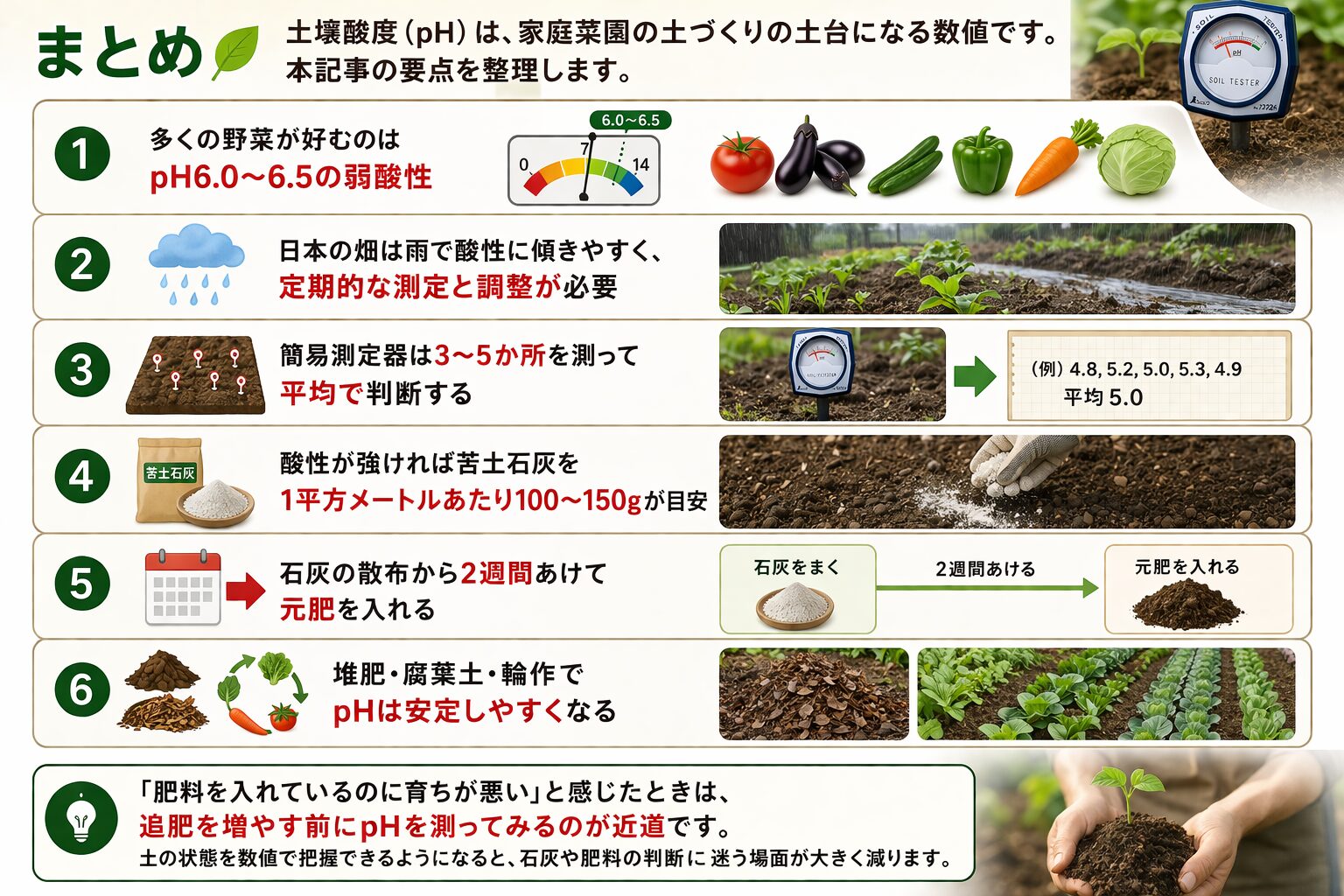 本記事の要点まとめ。1: 多くの野菜が好むのはpH6.0〜6.5の弱酸性、2: 日本の畑は雨で酸性に傾きやすく定期的な測定と調整が必要、3: 簡易測定器は3〜5か所を測って平均で判断、4: 酸性が強ければ苦土石灰を1平方メートルあたり100〜150g目安、5: 石灰の散布から2週間あけて元肥を入れる、6: 堆肥・腐葉土・輪作でpHは安定しやすくなる。「肥料を入れているのに育ちが悪い」と感じたときは追肥を増やす前にpHを測ってみるのが近道