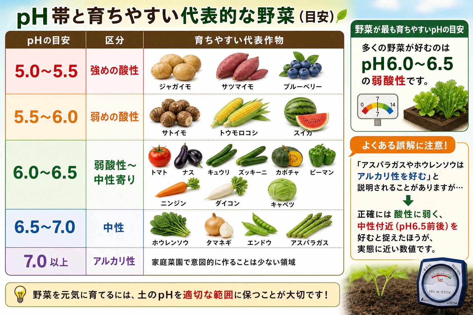 pH帯ごとに育ちやすい代表作物の一覧。pH5.0〜5.5（強めの酸性）はジャガイモ・サツマイモ・ブルーベリー、pH5.5〜6.0（弱めの酸性）はサトイモ・トウモロコシ・スイカ、pH6.0〜6.5（弱酸性〜中性寄り）はトマト・ナス・キュウリ・ズッキーニ・カボチャ・ピーマン・ニンジン・ダイコン・キャベツ、pH6.5〜7.0（中性）はホウレンソウ・タマネギ・エンドウ・アスパラガス、pH7.0以上（アルカリ性）は家庭菜園で意図的に作ることは少ない。多くの野菜はpH6.0〜6.5の弱酸性を好む。アスパラガスやホウレンソウはアルカリ性を好むと説明されることがあるが正確には酸性に弱く中性付近を好む