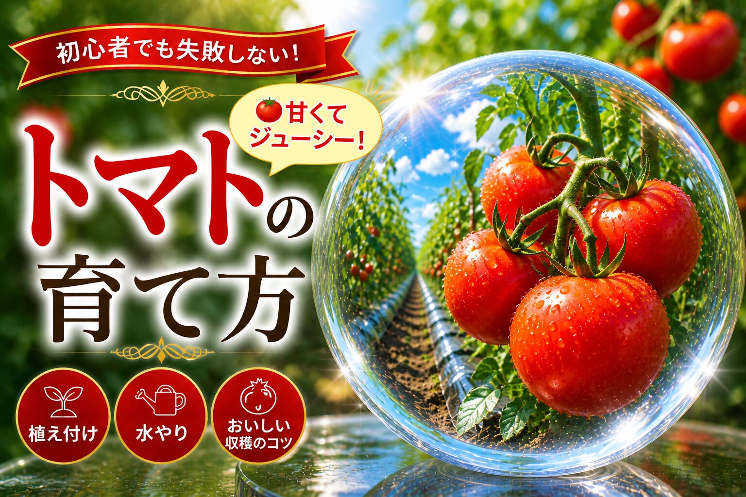完熟した中玉トマトとハウス内の栽培風景。タイトル「初心者でも失敗しない！トマトの育て方」と「植え付け／水やり／おいしい収穫のコツ」のアイコン
