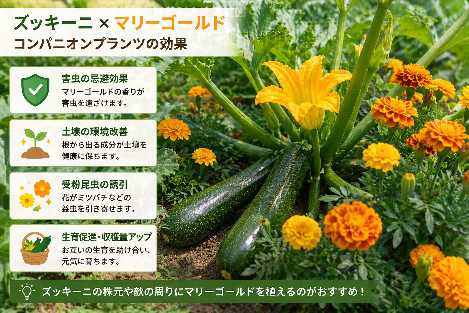 ズッキーニとマリーゴールドのコンパニオンプランツ効果。害虫の忌避効果（マリーゴールドの香りが害虫を遠ざける）、土壌の環境改善（根から出る成分が土壌を健康に保つ）、受粉昆虫の誘引（花がミツバチなどの益虫を引き寄せる）、生育促進・収穫量アップ（お互いの生育を助け合う）の4効果を、ズッキーニとマリーゴールドが一緒に植わっている畑の写真とともにまとめた解説図。株元や畝の周りにマリーゴールドを植えるのがおすすめ。