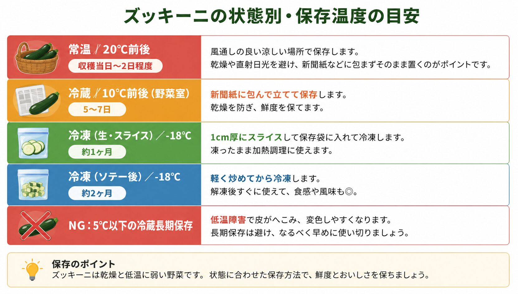 ズッキーニの状態別・保存温度の目安。常温20℃前後（収穫当日〜2日程度・風通しの良い涼しい場所）／冷蔵10℃前後の野菜室（5〜7日・新聞紙に包んで立てて保存）／冷凍（生・スライス）-18℃（約1ヶ月・1cm厚で保存袋に入れて冷凍）／冷凍（ソテー後）-18℃（約2ヶ月・軽く炒めてから冷凍）／NG: 5℃以下の冷蔵長期保存（低温障害で皮がへこみ変色しやすい）。ズッキーニは乾燥と低温に弱いので、状態に合わせた保存方法で鮮度とおいしさを保つことが大事、というポイントを実物アイコンとともにまとめた解説図。