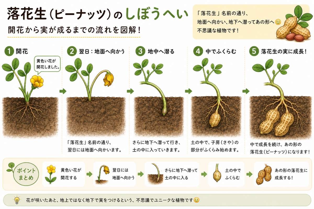 落花生のしぼうへい（子房柄）を示した図解。開花から、翌日に花が地面へ向かい、地中へ潜って子房がふくらみ、落花生の実に成長するまでの5段階