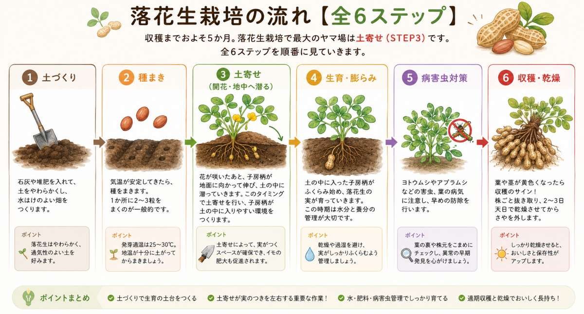 落花生栽培の6ステップを示した図解（①土づくり→②種まき→③土寄せ→④生育・膨らみ→⑤病害虫対策→⑥収穫・乾燥）