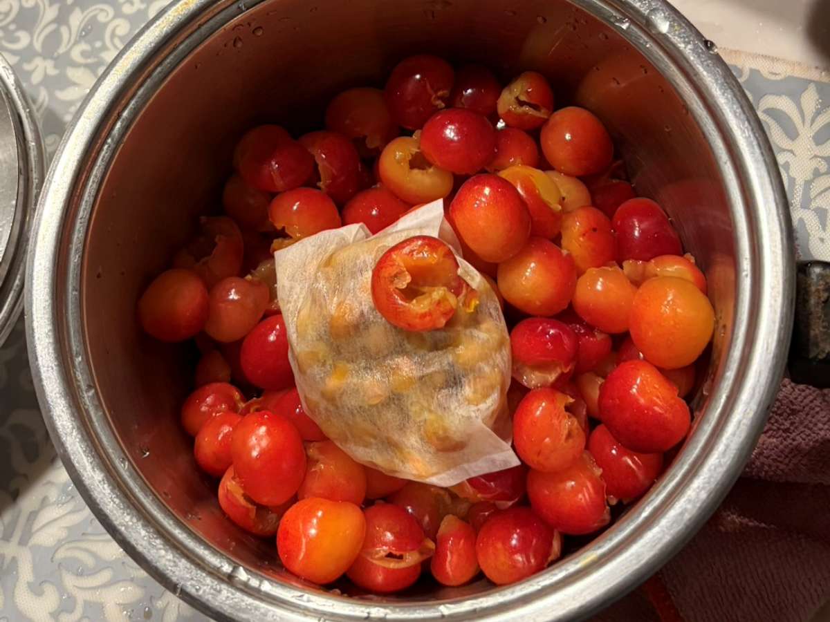 取り出したさくらんぼの種をお茶パックに入れ、鍋のさくらんぼに加えたところ