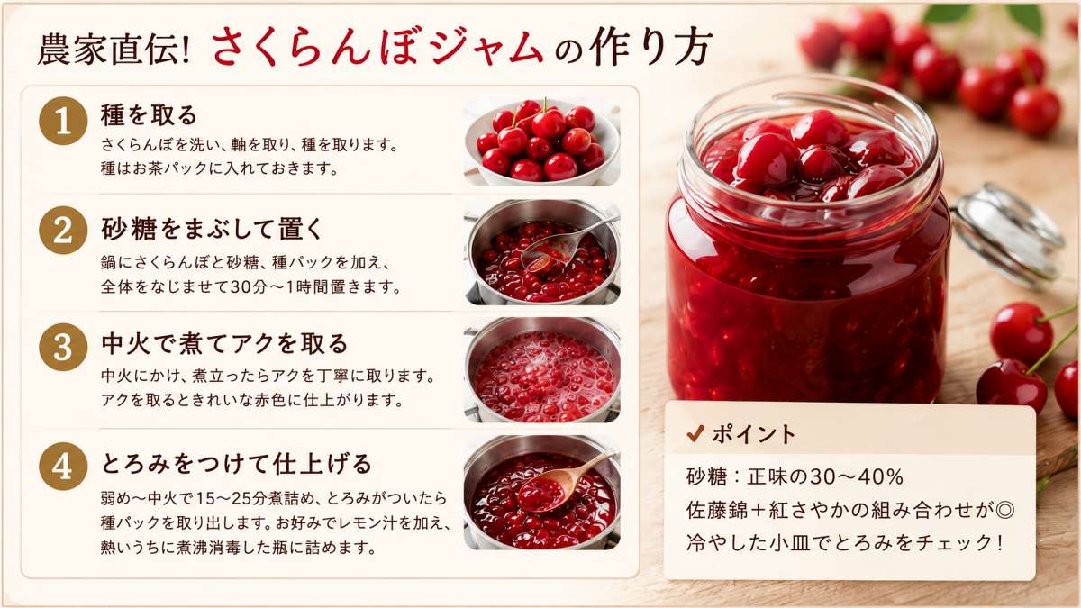 農家直伝のさくらんぼジャムの作り方早見図（種を取る・グラニュー糖をまぶす・煮てアクを取る・とろみをつけて仕上げる）