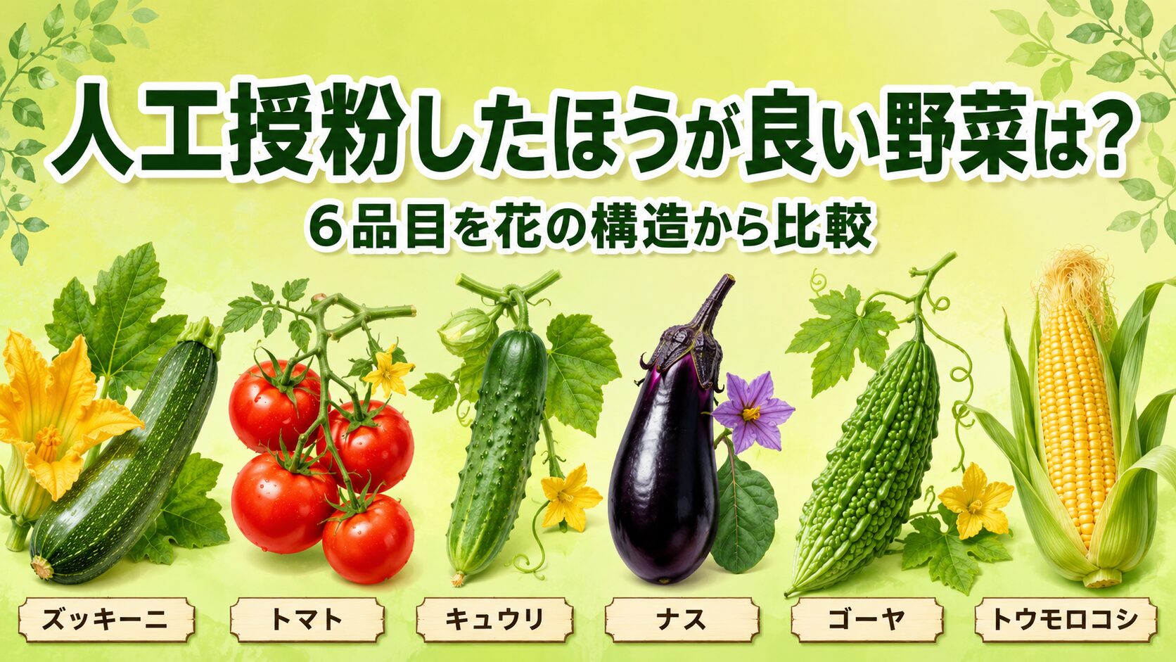 ズッキーニ、トマト、キュウリ、ナス、ゴーヤ、トウモロコシの6つの夏野菜が横並びになり、上部に「人工授粉したほうが良い野菜は？」「6品目を花の構造から比較」と書かれた家庭菜園ブログのアイキャッチ画像