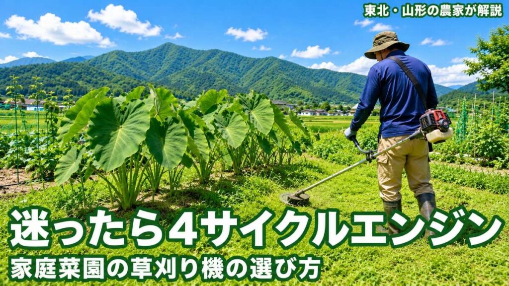 家庭菜園の草刈り機の選び方。夏の畑に置かれた肩掛け式エンジン刈払機の写真に、「家庭菜園の草刈り機の選び方」「エンジン式と充電式どっち？」「東北・山形の農家が解説」と書かれたアイキャッチ画像