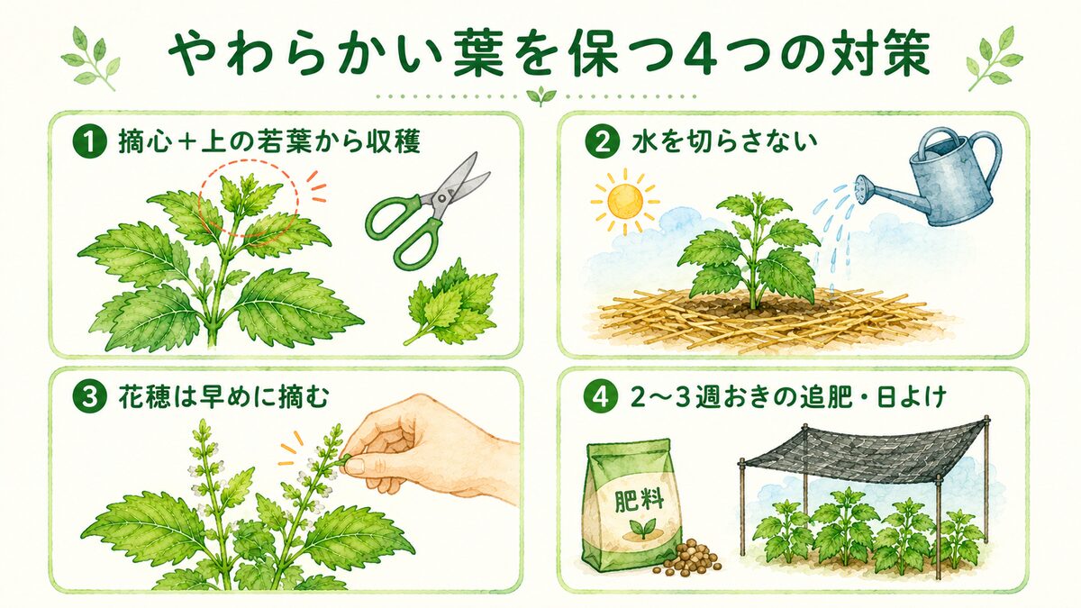 やわらかい大葉を保つ4つの対策。摘心と若葉収穫・水やり・花穂つみ・追肥と日よけを4分割で示した図