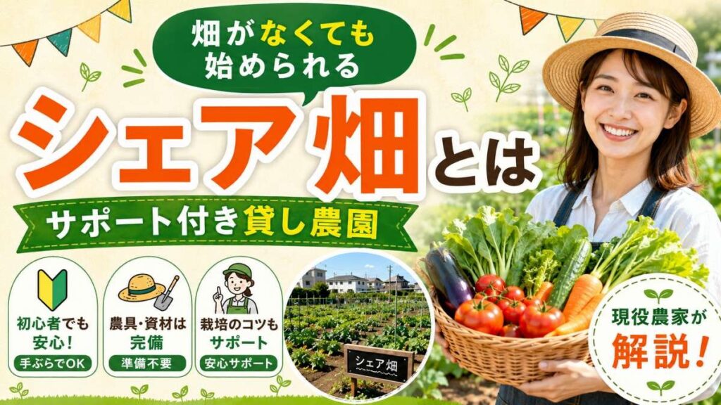 畑がなくても始められるサポート付き貸し農園「シェア畑」の紹介記事アイキャッチ。野菜のカゴを持つ女性と貸し農園の区画、手ぶらでOK・農具完備・栽培サポートの3つの特徴