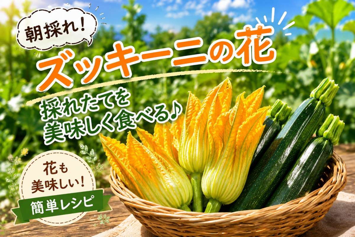 ズッキーニの花のタイトル画像。「朝採れ！ズッキーニの花 採れたてを美味しく食べる 花も美味しい！簡単レシピ」のキャッチコピーと、カゴに盛られたズッキーニ実と花のクローズアップ写真。