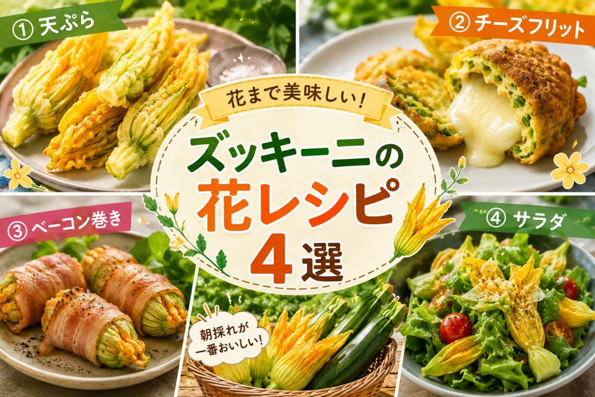ズッキーニの花を使った4種類のレシピ（①天ぷら、②チーズフリット、③ベーコン巻き、④サラダ）の盛り付け写真をまとめた解説図。「花まで美味しい！」「朝採れが一番おいしい！」の見出し。