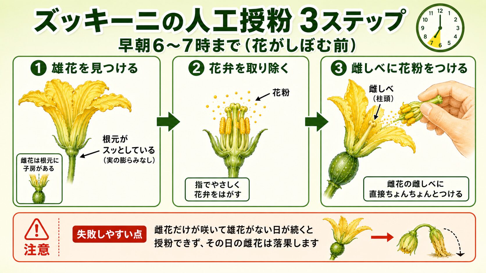 ズッキーニの人工授粉3ステップを示す解説図。早朝6〜7時までに完了するタイミング指定付きで、ステップ1（雄花を見つける／根元がスッとして実の膨らみがない／雌花は根元に子房がある）、ステップ2（花弁を取り除く／指でやさしくはがし雄しべと花粉を露出）、ステップ3（雌花の雌しべに花粉をつける／柱頭に直接ちょんちょんとつける）の手順を横並びで提示。下部に注意点ボックスとして、雌花だけが咲いて雄花がない日が続くと授粉できず雌花が落果することを警告したインフォグラフィック。