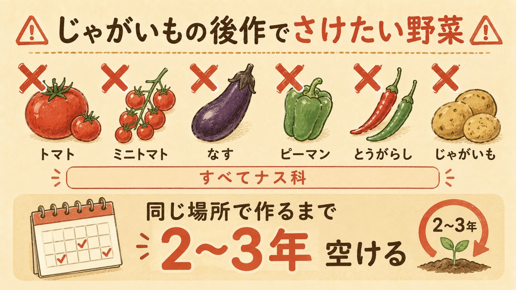 じゃがいもの後作でさけたいナス科の野菜（トマト・ミニトマト・なす・ピーマン・とうがらし・じゃがいも）と、同じ場所で作るまで最低2〜3年空けることを示した図解