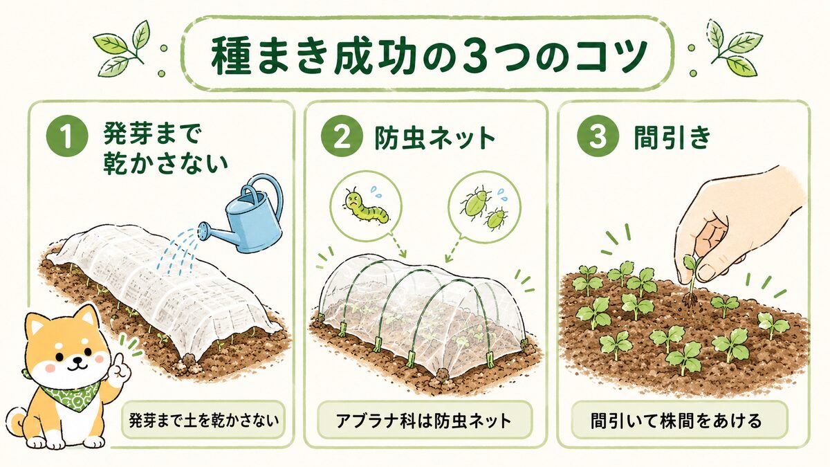 秋野菜の種まきを成功させる3つのコツ。発芽まで土を乾かさない・アブラナ科は防虫ネット・間引いて株間をあける、を3分割で示した図