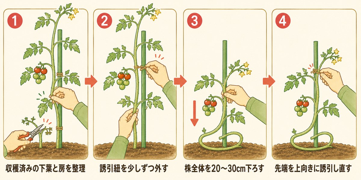 トマトのつる下ろしのやり方4ステップの手順図。1収穫済みの下葉と房を整理、2誘引紐を少しずつ外す、3株全体を20〜30cm下ろす、4先端を上向きに誘引し直す。支柱とトマトの株のイラストで各作業を示す