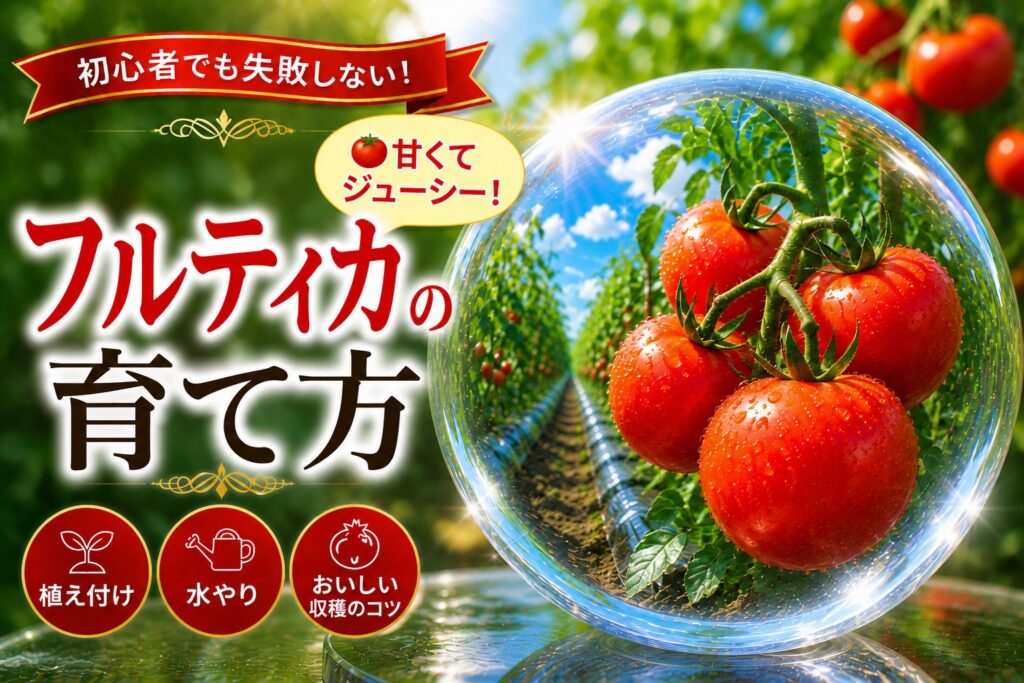 完熟した中玉トマト「フルティカ」とハウス内の栽培風景。タイトル「初心者でも失敗しない！フルティカの育て方」と「植え付け／水やり／おいしい収穫のコツ」のアイコン