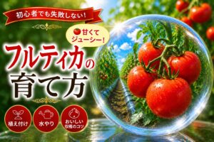 完熟した中玉トマト「フルティカ」とハウス内の栽培風景。タイトル「初心者でも失敗しない！フルティカの育て方」と「植え付け／水やり／おいしい収穫のコツ」のアイコン