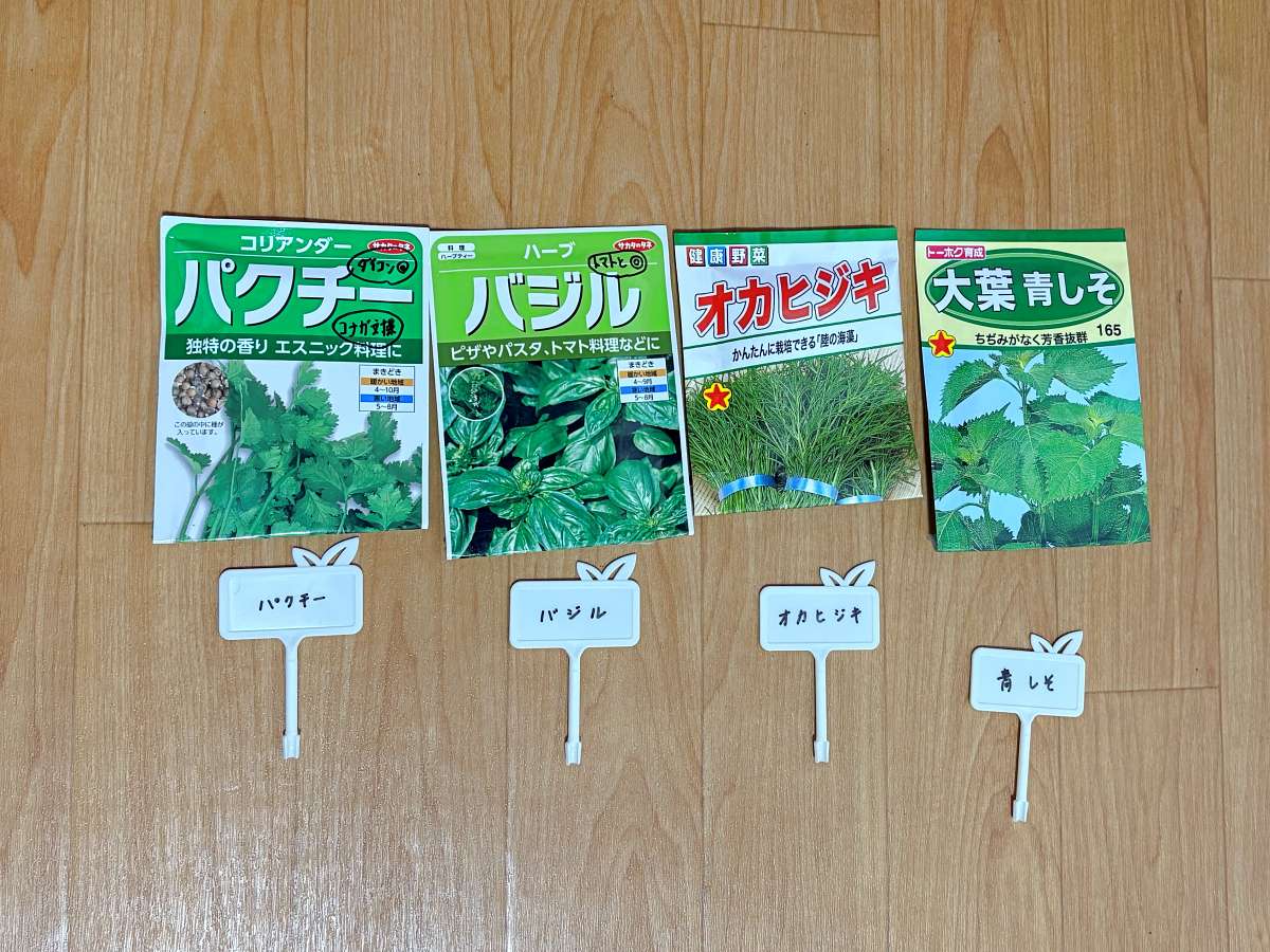 水耕栽培で育てるパクチー、バジル、オカヒジキ、大葉の種