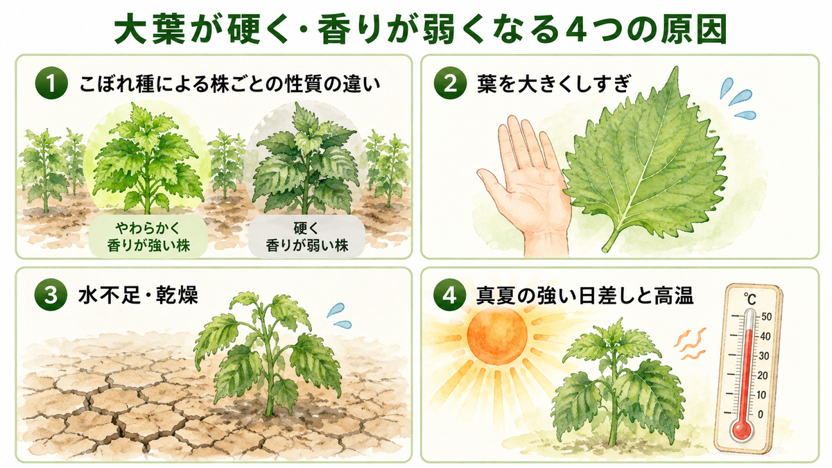 大葉が硬く・香りが弱くなる4つの原因。こぼれ種による株ごとの性質の違い・葉を大きくしすぎ・水不足と乾燥・真夏の強い日差しと高温を4分割で示した図