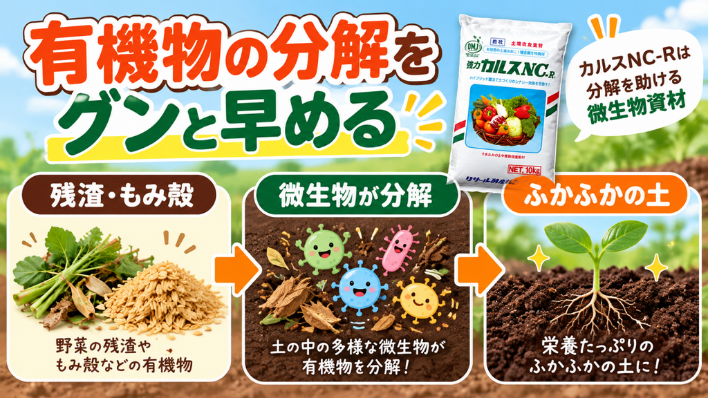 カルスNC-Rと残渣・もみ殻・米ぬかを組み合わせて土づくりする方法を示した図解