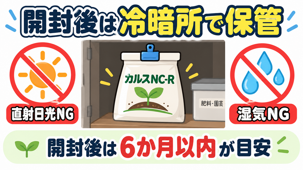 カルスNC-Rの開封後の保管方法。直射日光と湿気を避けて冷暗所で保管し、6か月以内に使い切る目安を示した図解