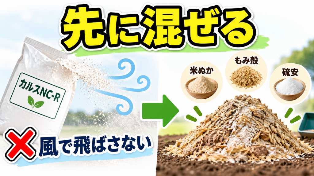 カルスNC-Rを米ぬか・もみ殻・硫安と先に混ぜて風対策する方法