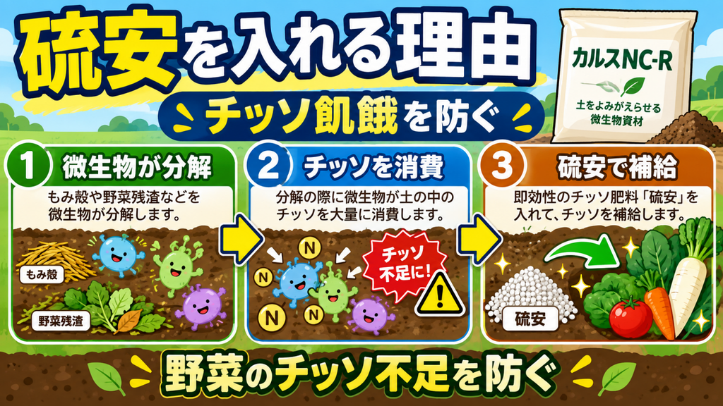 カルスNC-Rに硫安を入れてチッソ飢餓を防ぐ仕組みの図解