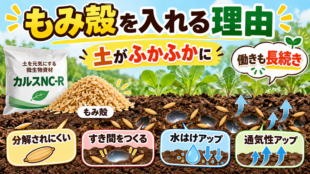 カルスNC-Rにもみ殻を入れて土の水はけ・通気性を改善する仕組みの図解