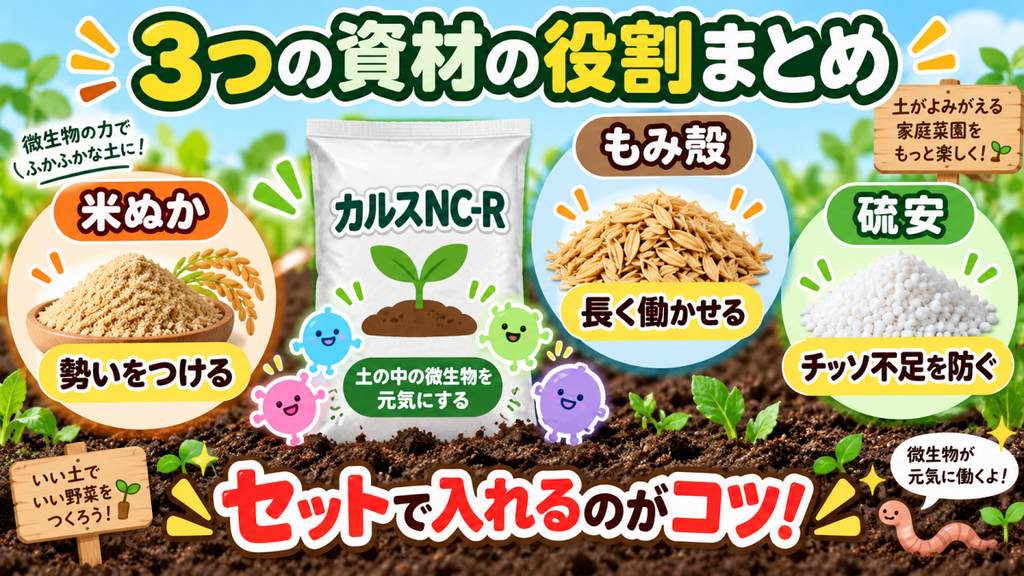 カルスNC-Rと一緒に使う米ぬか・もみ殻・硫安の役割をまとめた図解。米ぬかは微生物を活性化し、もみ殻は働きを長続きさせ、硫安はチッソ不足を防ぐ。