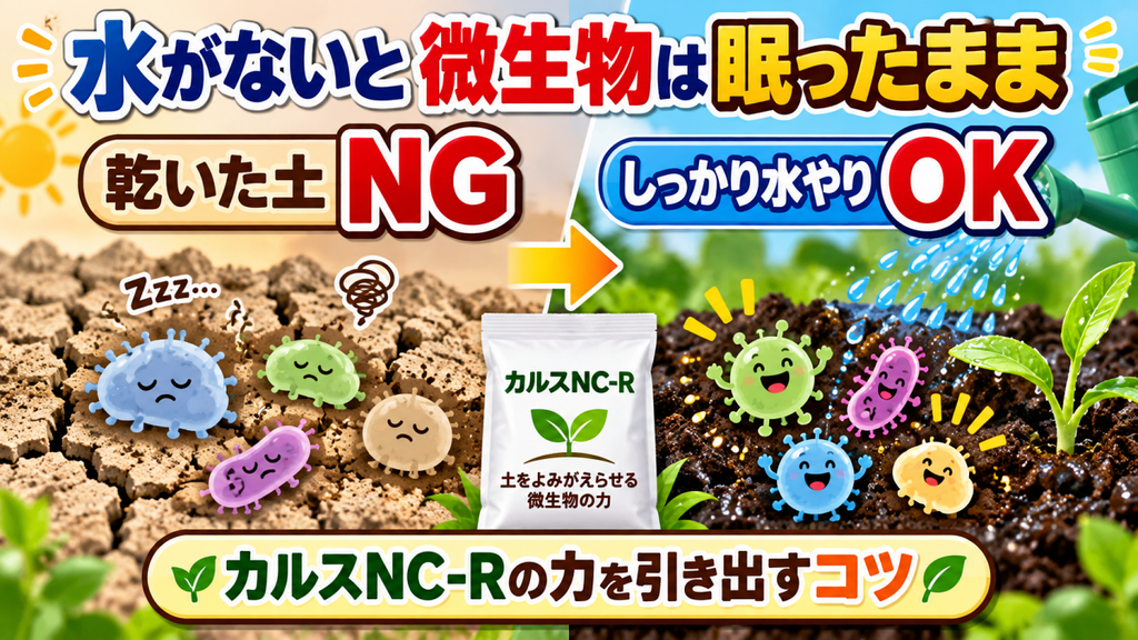 カルスNC-Rは乾いた土では微生物が働きにくく、水やりで活性化することを示した図